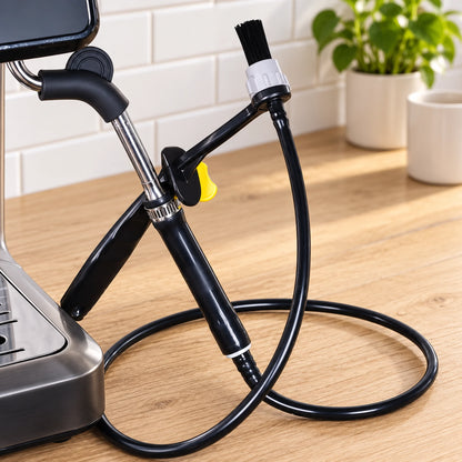 BrewjoeBrush™ connected to the steam wand of a home espresso machine