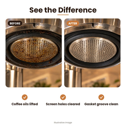 Espresso group head shower screen before and after cleaning with BrewjoeBrush™