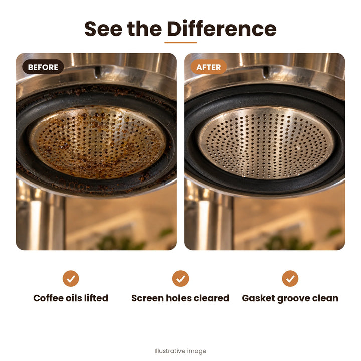 Espresso group head shower screen before and after cleaning with BrewjoeBrush™