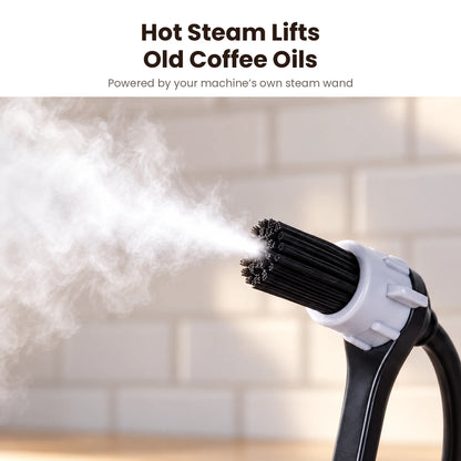 Hot steam coming through the BrewjoeBrush™ bristles to lift old coffee oil
